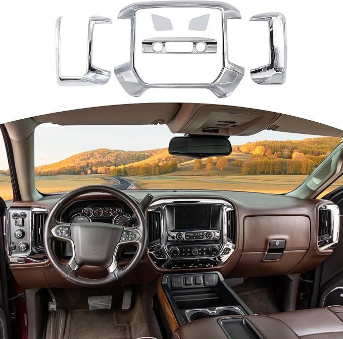 RT-TCZ for Silverado Dashboard Panel Trim Cover Chrome Bezel for GMC Sierra Chevy Silverado 2014-2017 Silver Chrome Interior Accessories 4pcs