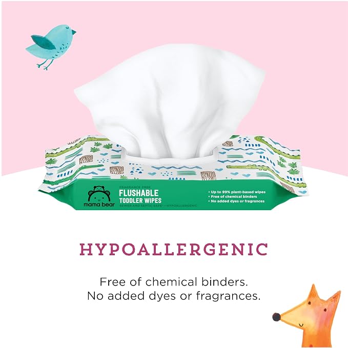 Amazon Brand - Mama Bear Flushable Toddler Toilet Wipes, Unscented, Formulated without Fragrance, Hypoallergenic, Septic Safe, 336 Count, 8 Packs of 43