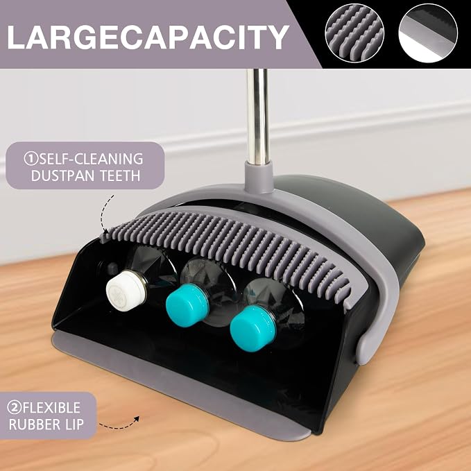 Broom and Dust Pan Combo Set,51.2" Long Handle,Charcoal | Stand up Dustpans with Broom Combo, Indoor & Outdoor Sweeping, for Home Room Kitchen Office Lobby