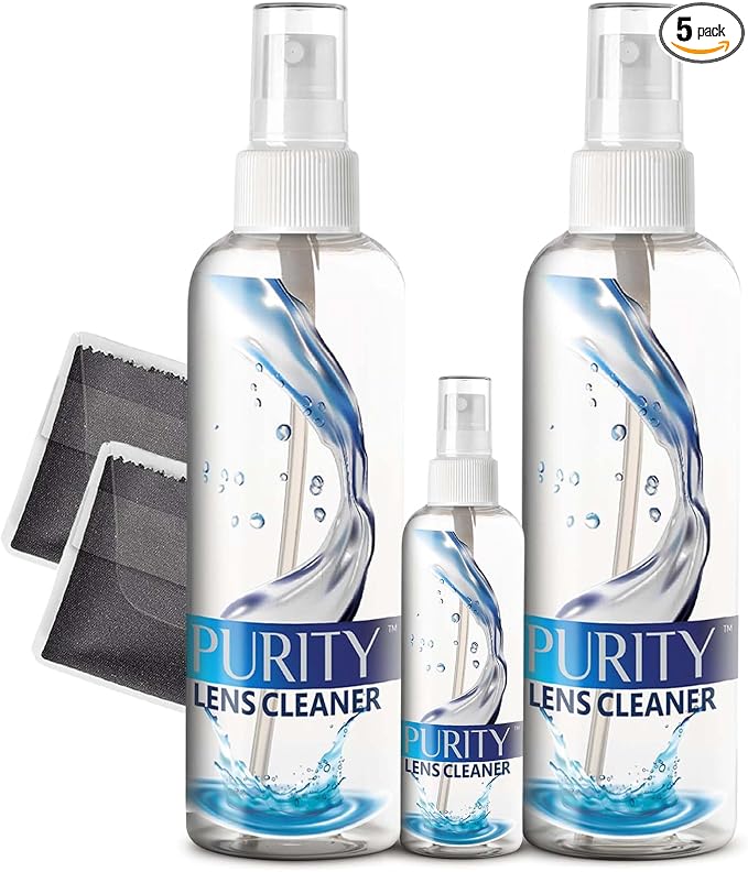 Purity Eyeglass Lens Cleaner Kit - 2 x 8oz and 1 x 2oz Lens Cleaner Spray Bottle + 2 Microfiber Cleaning Cloths - Safe for All Lenses (AR Coated Included), Eyeglasses and Screens - Clear