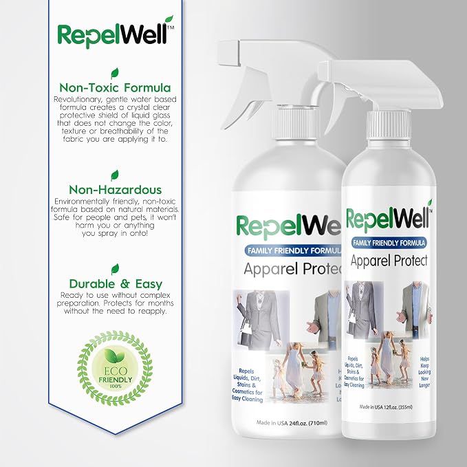 RepelWell Non Toxic Fabric Protector Spray for Clothing & Apparel, 12 oz | Repels water, spills, dirt and everyday stains from clothing and apparel.