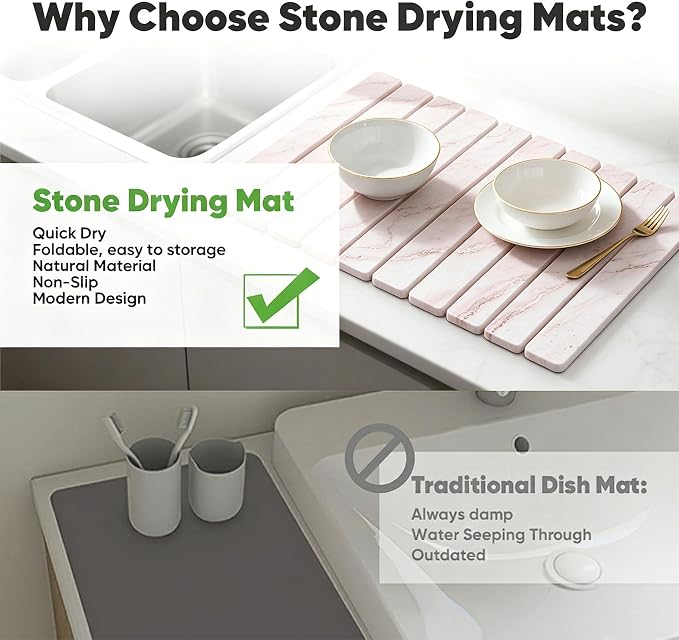 Stone Drying Mat for Kitchen Counter, Quick Diatomaceous Earth Mats for Dishes, 24"L x 16" W Super Absorbent Fast-Drying Collapsible Countertop Stone Mat (Marble White-07, 24" x 16")