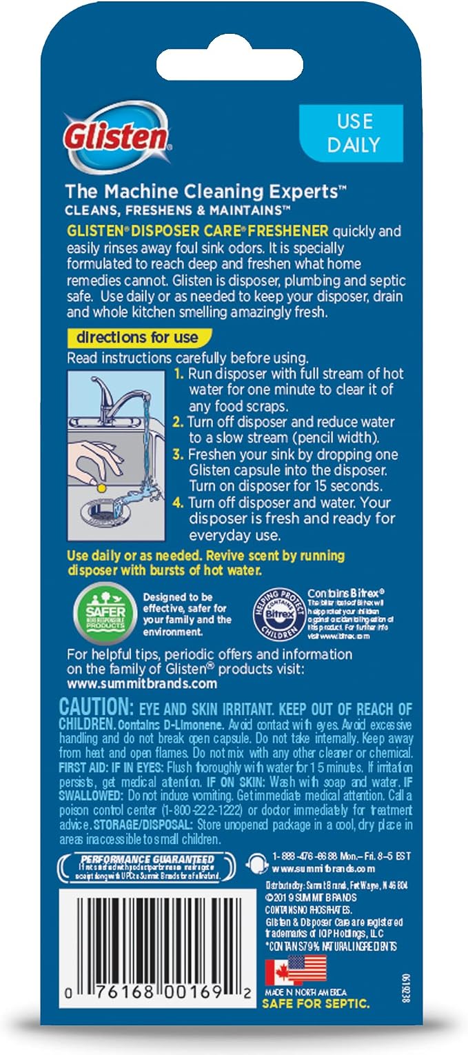 Glisten Disposer Care Freshener, Odor Eliminator, Quick & Easy-to-Use Garbage Disposal Freshener, Lemon Scent, 10 Use