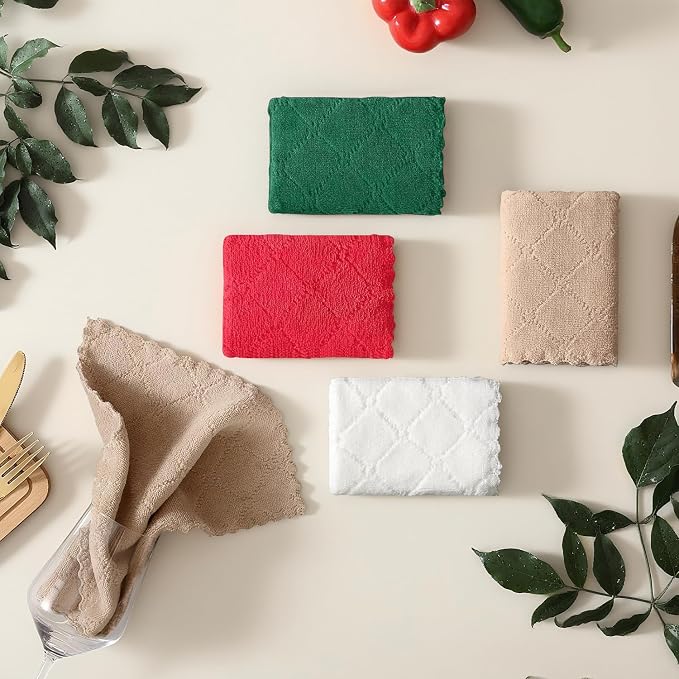 Homaxy 12 Pack Kitchen Dish Cloths, Super Soft and Absorbent Coral Velvet Dish Towels, Nonstick Oil Fast Drying Microfiber Cleaning Cloth, 10 x 10 inches, Dark Green/Tan/Red/White