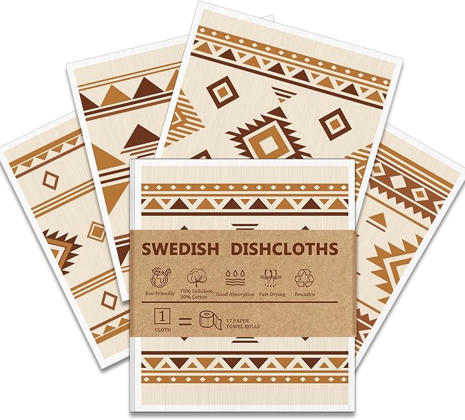 4 PCS Swedish Dishcloths, Western Aztec Vintage Themed Reusable Kitchen Dish Cloths, Super Absorbent Cellulose Sponge Cloths, Odor Resistant, Dishwasher Safe & Multi-Purpose Cleaning Cloths