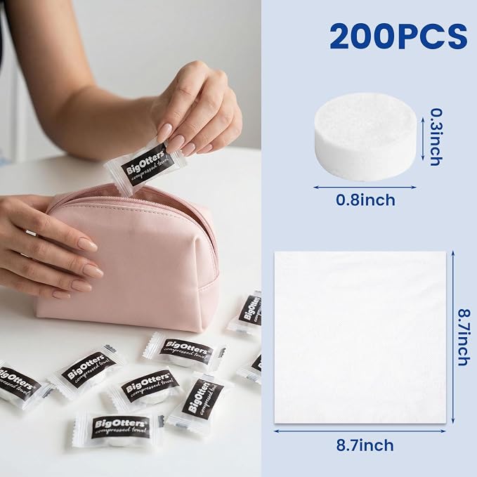 BigOtters 200PCS Cotton Compressed Towels, Disposable Face Towels, Portable Expandable Wipes for Travel Camping Hiking Outdoor Hotel