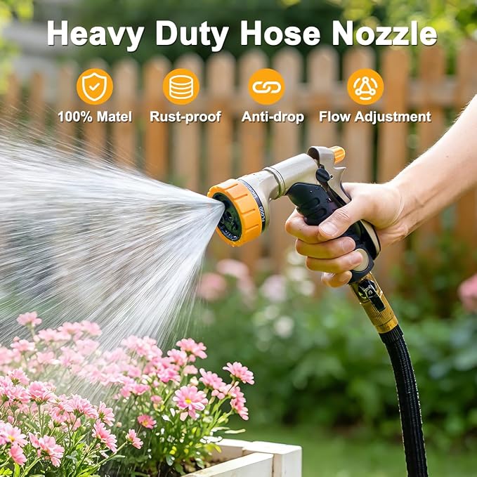 FANHAO Metal Garden Hose Nozzle Heavy Duty, Rear Trigger Water Sprayer | 7 Adjustable Spray Patterns, Flow Control, Hands-Free Lock, Ergonomic Anti-Slip Soft Grip Water Nozzle for Garden, Car & Pet