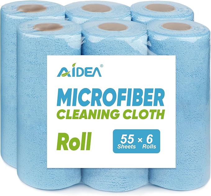 AIDEA Microfiber Cleaning Cloth 330 Sheets 6 Roll, Blue Shop Towels 11×9" | Reusable Paper Towels, Microfiber Towels for Cars, Blue Shop Rags Washable, Cleaning Rags for Automotive, Workshops, House