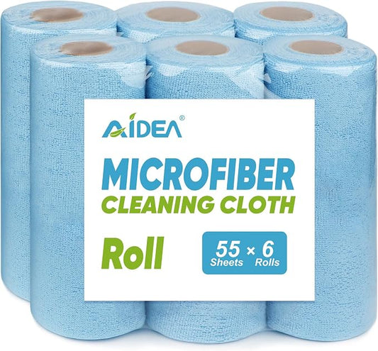 AIDEA Microfiber Cleaning Cloth 330 Sheets 6 Roll, Blue Shop Towels 11×9" | Reusable Paper Towels, Microfiber Towels for Cars, Blue Shop Rags Washable, Cleaning Rags for Automotive, Workshops, House