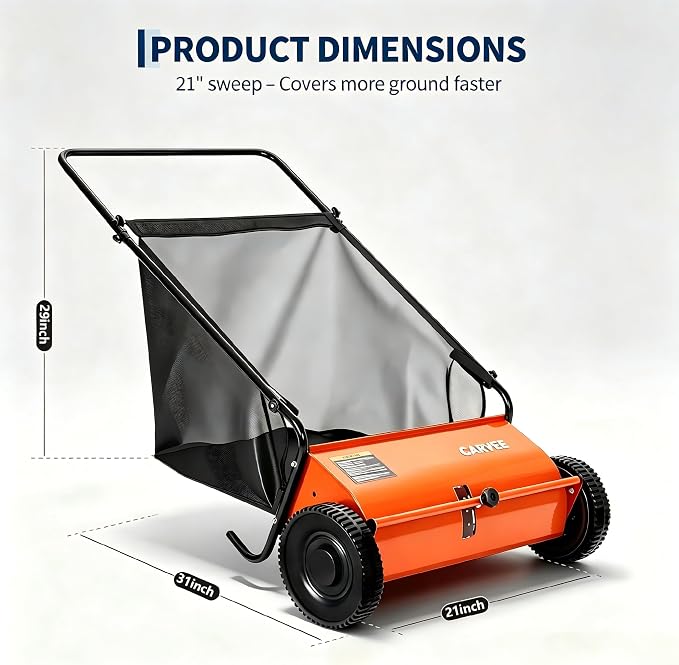 Garvee 21 Inch Push Lawn Sweeper, Walk Behind Leaf Grass Collector with 6 Cu ft Hopper Bag, Carbon Steel Frame, Yard Sweeper with Adjustable Brush Height for Garden Patio Driveway Leaves Cleanup