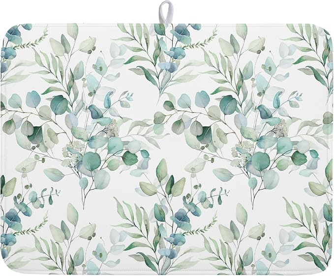Sage Green Leaves Dish Drying Mats for Kitchen Counter 18x24 Inch, Leaves Kitchen Drying Mat,Watercolor Herbs Dishes Pad Dish Drainer Rack Mats Absorbent Fast Dry Kitchen Accessories