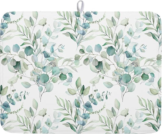 Sage Green Leaves Dish Drying Mats for Kitchen Counter 18x24 Inch, Leaves Kitchen Drying Mat,Watercolor Herbs Dishes Pad Dish Drainer Rack Mats Absorbent Fast Dry Kitchen Accessories
