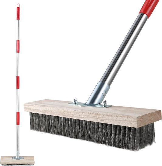 Mitclear Heavy Duty Wire Broom with Telescopic Handle(57IN), Stiff Metal Bristle Brush for Removing Weed Moss, Outdoor Floor Scrub Brush for Patio, Deck, Garden, Concrete, Garage