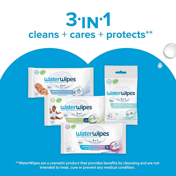 WaterWipes Sensitive+ Newborn & Baby Wipes, 3-In-1 Cleans, Cares, Protects, 99.9% Water, Unscented & Hypoallergenic, 240 Count (4 Packs)