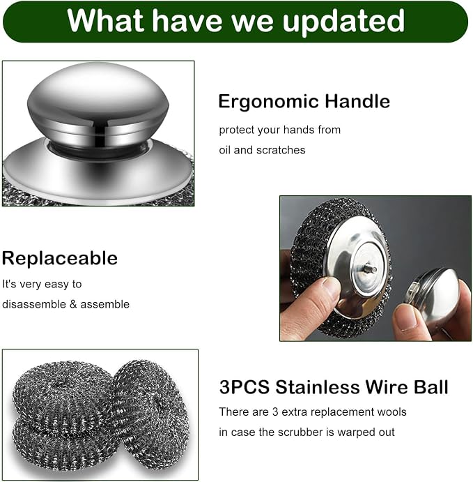 Stainless Steel Wool Scrubber with Handle, Heavy Duty Cleaner, Metal Pads | 2 Scrubbers + 3 Wire Sponge & Scouring Pads, Brush for Dishes Pots Pans Cast Iron, Sink Oven Grill