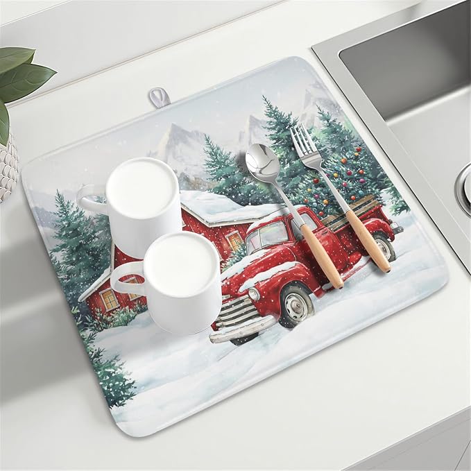 Winter Snowscape Dish Drying Mat for Kitchen Counter Christmas Red Truck Trees Dish Drainer Mat Xmas Holiday Rustic Farmhouse Absorbent Washable Drying Pad 16"x18"