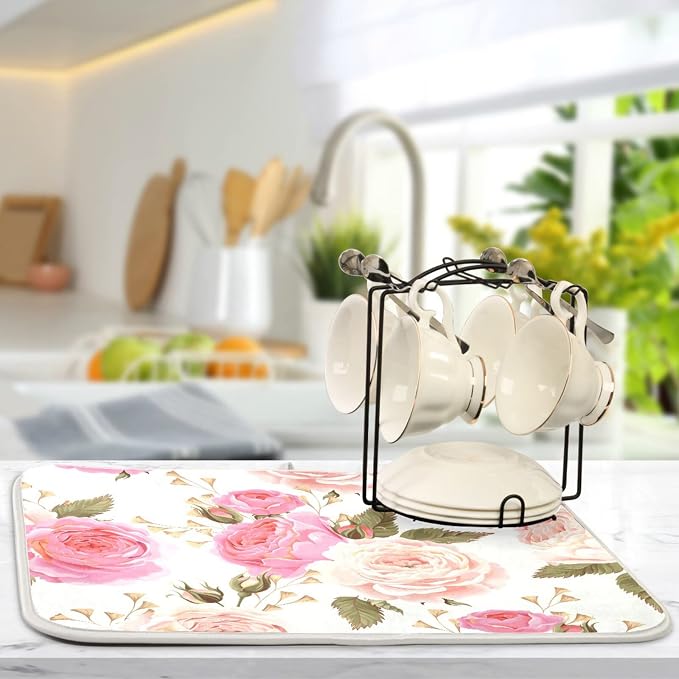 Absorbent Dish Drying Mat for Kitchen Counter - Floral Rose Pink Microfiber Drying Pad, Reversible Drainer Mats for Countertop, Lager 18 x 24 inch