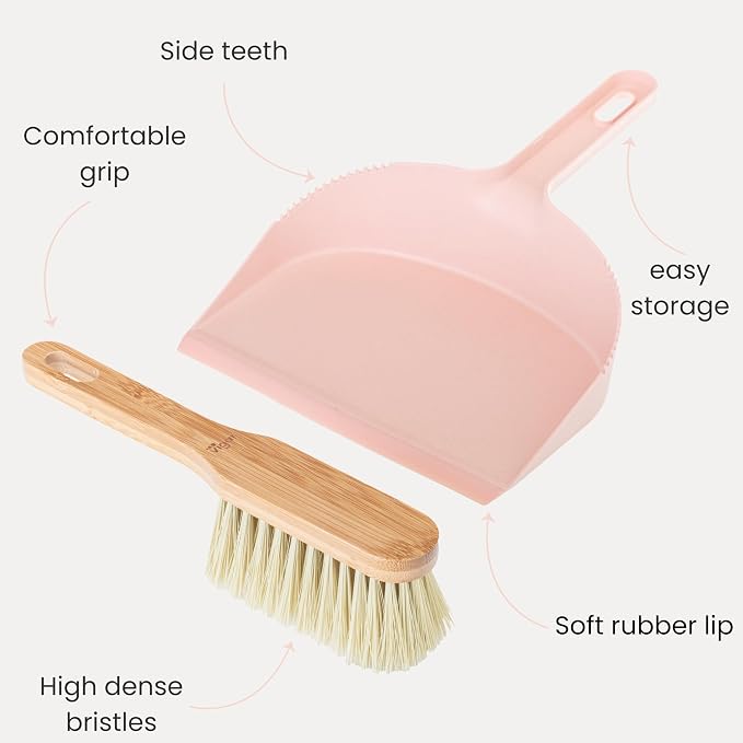 Vigar Zeroline Mini Bamboo Broom with Dustpan Combo Set, Pink | Small Dust Pan and Brush Set, for Dust, Pet Hair, Car, and Crumb, House, Kitchen Broom