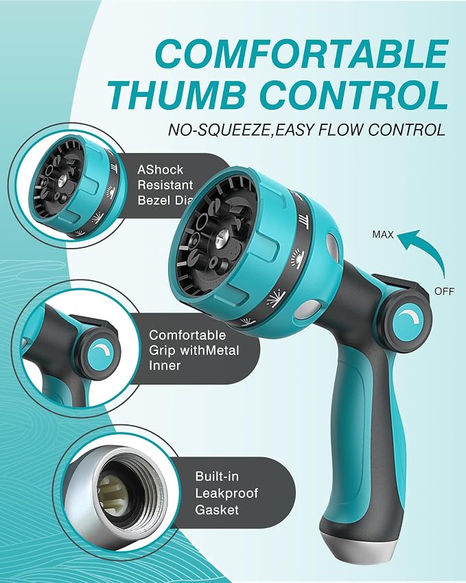 Garden Hose Nozzle, Heavy Duty Water Hose High Pressure Sprayer with 10 Watering Patterns, Thumb Control On Off Valve, for Watering outdoor Plants & Lawn, Car & Pet Washing（Blue）