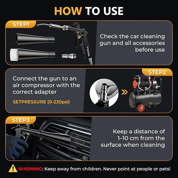 Air Cleaning Gun for Car Detailing, Works with Air Compressor | Aluminum alloy air blaster with 0-230 PSI airflow, Soft brush and 3 adapters for vents, Seat gaps and garage cleanup