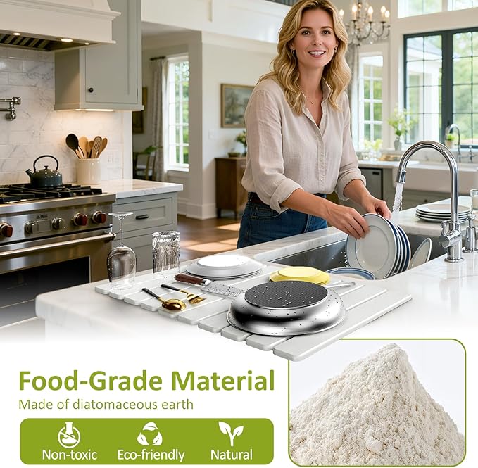 Large Stone Dish Drying Mat for Kitchen Counter, 24"(L)×16"(W), Collapsible Quick Dry Stone Dish Mats, Super Absorbent Diatomaceous Earth Drying Pad for Dishes Bottles Cups, Any Countertop (White)