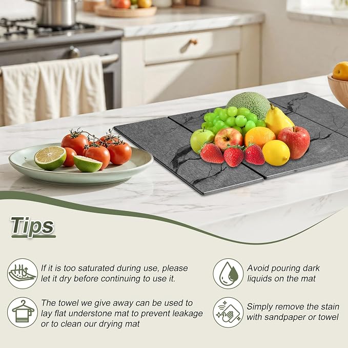 Dish Drying Mat Large Stone Dish Drying Mat For Kitchen Counter Collapsible Quick-Drying Sleek Diatomaceous Versatile Stone Drying Mats For Cups Dishes Bottles Marble (gray, 16"×19")