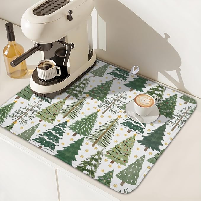 Christmas Dish Drying Mat 16x18 Inch Green Xmas Tree Winter Snowflake | Polyester，Absorbent Microfiber，for Kitchen Coffee Dining Bar Decor