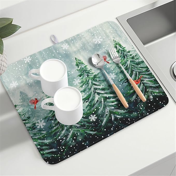 Winter Pines Tree Dish Drying Mats for Kitchen Counter, Christmas Tree Dish Mat Absorbent Reversible Microfiber Dish Drying Pad Winter Kitchen Drying Mat Dish Drainer Rack Mats for Coffee Bar 18"x24"