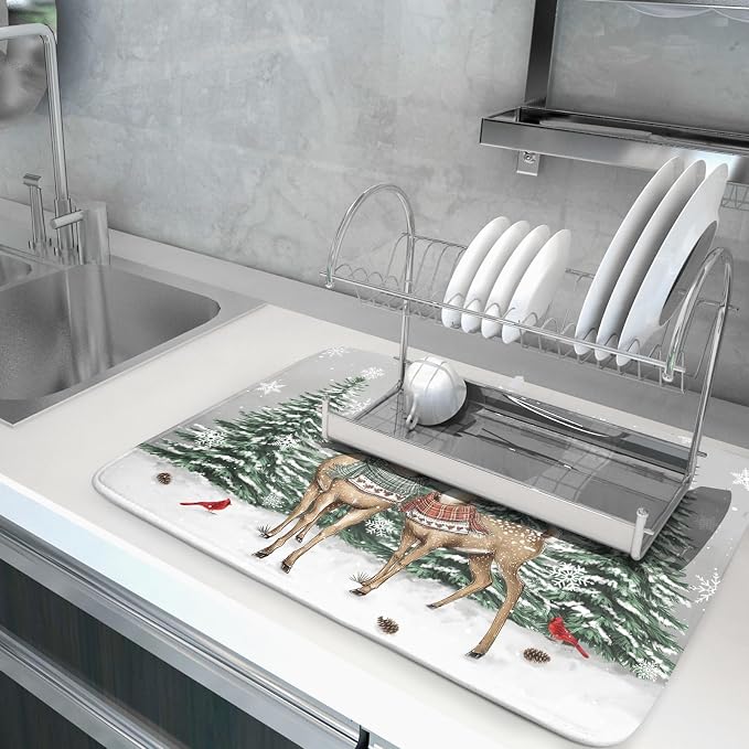 Winter Deer Dish Drying Mat Pine Tree Absorbent Dish Dry Pad Seasonal Microfiber Dish Drainer Mats for Kitchen Counter Coffee Bar 18x24 in