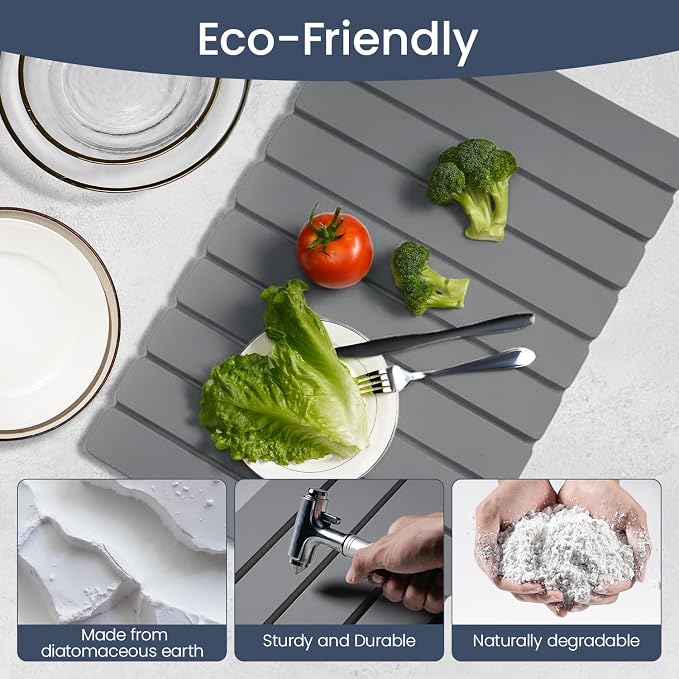Meowoo Stone Drying Mat for Kitchen Counter, 23.6"x15.3" Foldable Diatomaceous Earth Mat, Super Absorbent, Quick-Dry Bath & Kitchen Pad for Dishes, Cups, Non-Slip, Fits Any Countertop - Dark Gray