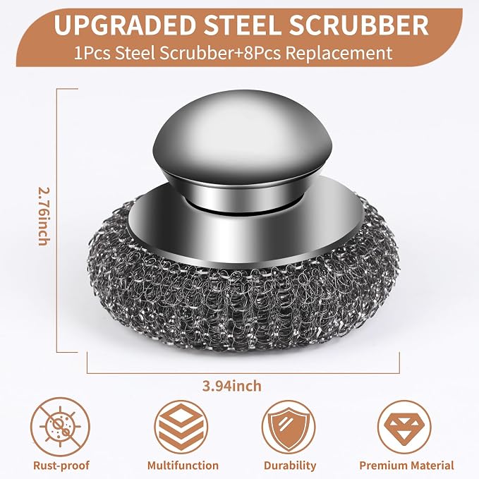 9Pcs Steel Wool Scrubber with Replacement Wire Sponge Pads Set, Stainless Steel Scrubber with Handle for Scouring Messes from Cast Iron, Frying pan, Pots, Pans, Grill, Stoves, Sink(1 Scrubber+8 Pads)