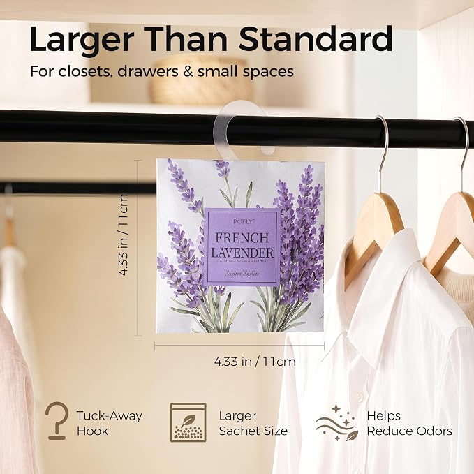 12 Pack Lavender Scented Sachets, Air Freshener for Home&Small Spaces | Hanging Sachet Bags with Retractable Hook; Closet Deodorizer & Odor Eliminator for Drawers, Shoe Cabinets, Cars & Luggage