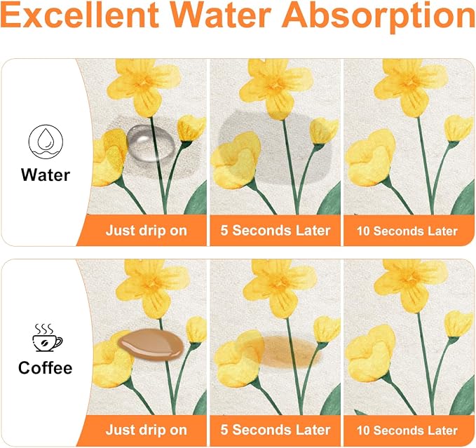 LOKHOM Dish Drying Mat for Kitchen Counter, 12"x20" Absorbent Coffee Bar Mat with Spring Floral, Dish Drainer Rack Mat for Kitchen Counter Coffee Maker, Dining Room Decoration