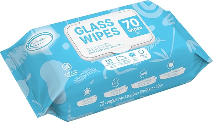 Air Jungles Glass & Window Cleaner Wipes 70 Count, XL 8x10 Inch | Ammonia-Free, Streak-Free, Safe For Car Windshield, Headlight, Mirror, Tile & Home Glass, Removes Fingerprints, Dust, Dirt