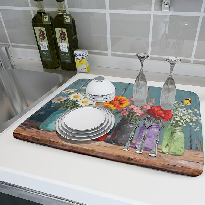 Dish Drying Mat for Kitchen Counter 18x24, Spring Summer Floral Decorative Absorbent Reversible Microfiber Kitchen Countertop Protector Dishes Drainer Pad