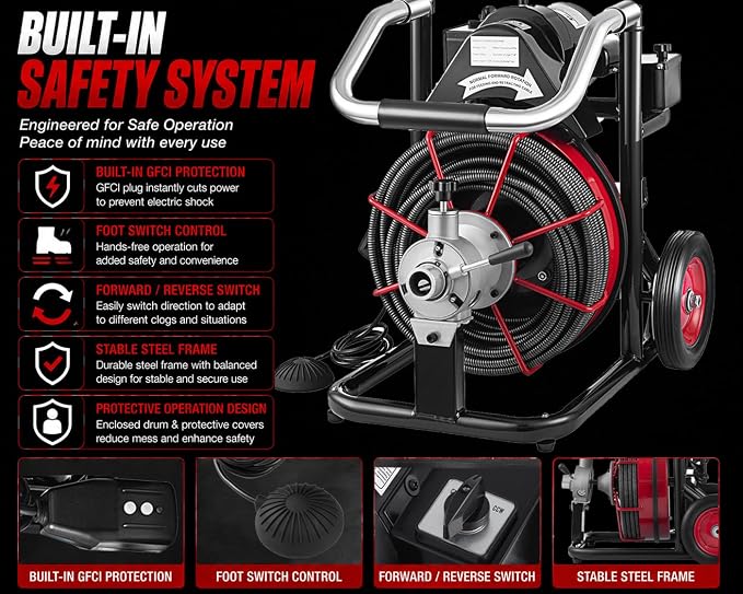 100 FT x 1/2 Inch Drain Cleaner Machine, 550W Electric Drain Auger with Auto Feed, Foot Switch & 8 Cutters, Sewer Snake for 1–4 Inch Pipes, Commercial Drain Cleaning Machine