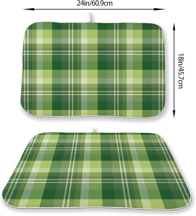 St. Patrick's Day Dish Drying Mat 18 x 24 Inch Green Buffalo Plaid Drying Mat for Kitchen Counter Absorbent Spring Green Dishes Dry Pad for Drainer Rack Kitchen Fast Dry