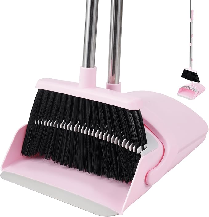 BSKLIN Broom and Dustpan Set for Home, 52” Long Handle Broom with Dustpan Combo Set with Dust Pan Teeth to Clean Hair Sweeping Set for Kitchen Hardwood Floors Pet Hair (Pink)