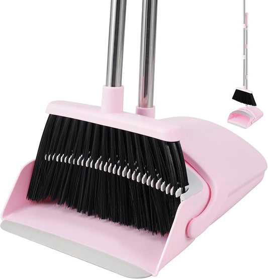 BSKLIN Broom and Dustpan Set for Home, 52” Long Handle Broom with Dustpan Combo Set with Dust Pan Teeth to Clean Hair Sweeping Set for Kitchen Hardwood Floors Pet Hair (Pink)