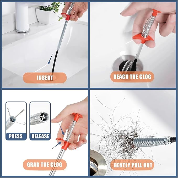 61 Inch Drain Snake Clog Remover, Flexible Grabber Tool with Strong 4-Claw, for Sink, Shower, Bathtub, Kitchen Drain & Toilet
