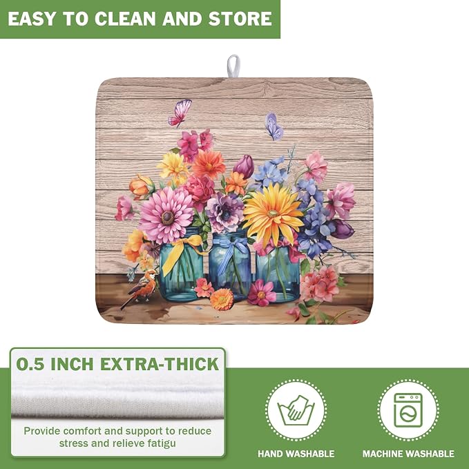 Purple Floral Wooden Board Dish Drying Mat 16x18 Inch | Vases，Vintage，Polyester，Absorbent Microfiber，for Kitchen Coffee Dining Bar Decor