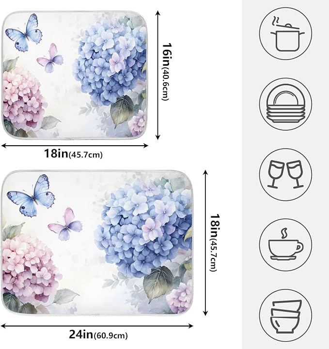 Blue Pink Hydrangea Spring Floral Dish Drying Mat for Kitchen Counter Absorbent Microfiber Small Drying Pad Dish Mats for Kitchen Countertops 16 x 18 Inch