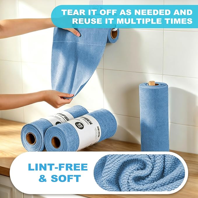 Puomue 55 Pack Microfiber Cleaning Cloth Roll, Tear Away Reusable Towels, 11" X 9", Ultra Absorbent & Lint Free Microfiber Cloth for Cleaning, Kitchen, Window, and Shop (Navy Blue, 9”X11”-55PK)