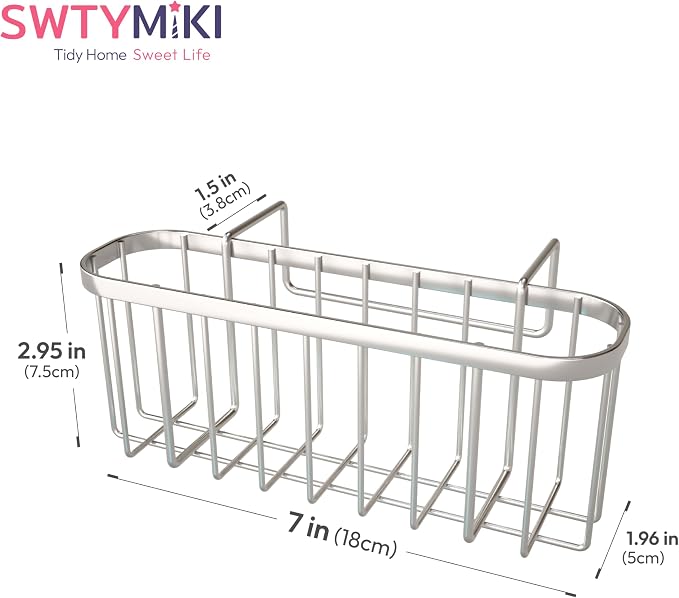 SWTYMIKI Sponge Holder for Kitchen Sink, Movable Kitchen Sink Caddy with Compact Size Rustproof and Waterproof Hanging Sponge Caddy for Double Bowl Sinks, Silver