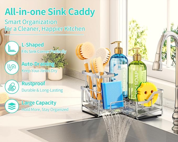 HapiRm Sponge Holder for Kitchen Sink - Rustproof L-Shaped Sink Caddy | Stainless Steel Kitchen Organizer for Sink Corner, Self-Draining 3-in-1 Dish Brush and Sponge Storage, Space-Saving - Silver
