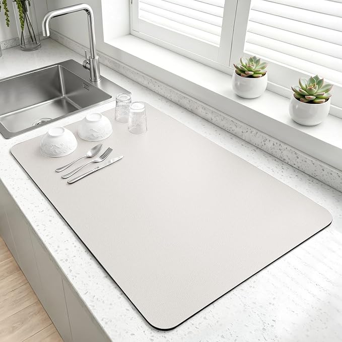 LOPNUR Kitchen Dish Drying Mat, 24"x16" Dish Drying Mats for Kitchen Counter, Diatomite Coffee Mat, Super Absorbent Dish Drying Pad, Heat Resistant Mat with Anti-slip Rubber Backed, Cream White