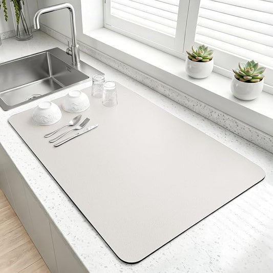 LOPNUR Kitchen Dish Drying Mat, 24"x16" Dish Drying Mats for Kitchen Counter, Diatomite Coffee Mat, Super Absorbent Dish Drying Pad, Heat Resistant Mat with Anti-slip Rubber Backed, Cream White
