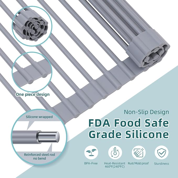 Ohuhu Sink Drying Rack, 20.5" W x 16.1" L Over The Sink Roll-Up Dish Drainer - Rolling Foldable Sink Accessories Heat-Resistant Mat Anti-Slip Silicone Coated Multipurpose for Kitchen Counter