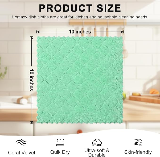 Homaxy 12 Pack Kitchen Dish Cloths (10 x 10 Inches, Green), Super Soft and Absorbent Coral Velvet Dish Towels, Nonstick Oil Fast Drying Microfiber Cleaning Cloth, No Lint Household Dishcloths