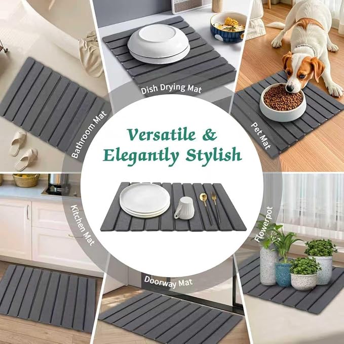Stone Dish Drying Mat for Kitchen Counter, 24''×15'' Dishes Drying Matt Kitchen Counter, Absorbent Diatomaceous Earth Bath Quick Dry Mats for Tableware, Bottles and Cup(Dark Grey)